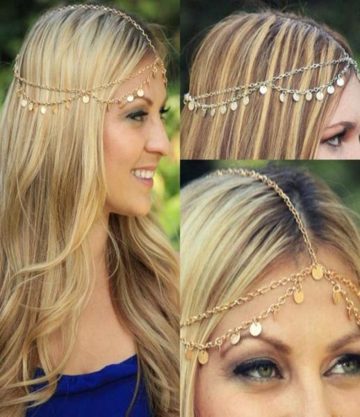 Ouro prata moda boêmio feminino metal cabeça corrente headpieces jóias de cabelo testa dança bandana peça acessórios casamento hipp2753005