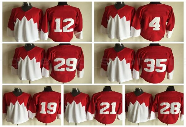 Erkekler Buz Hokeyi 1972 Retror 21 Stan Mikita Jersey 28 Bobby Clarke 29 Ken Dryden 35 Tony Esposito Yvan Cournoyer Dikişli Kırmızı White5865912