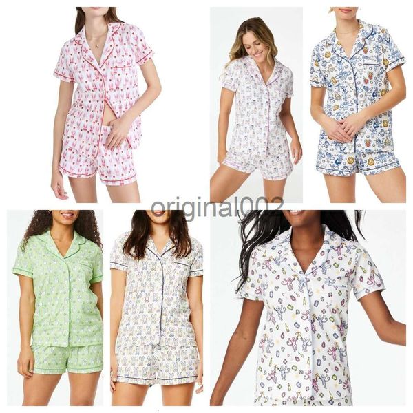 Pigiama da donna carino con coniglio a rulli Y2k scimmia stampa prefabbricata set pigiama in 2 pezzi camicia a maniche corte pantaloncini Pj abbigliamento casual per abbigliamento da casa da donna bm