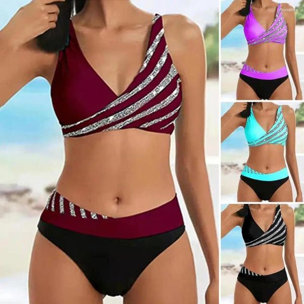 Damen-Bademode, Damen-Bikini-Badeanzug, stilvoll, kontrastfarben, gestreift, Set mit Push-up-BH, hohe Taille, Vintage-Druck, Bandeau für