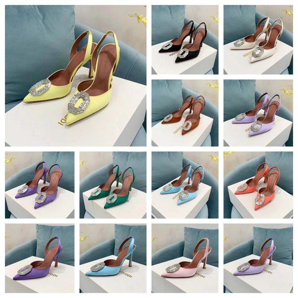 Kleidschuhe Amina Muaddi Camelia Neues Muster Pumps Schuhe Kristallverzierte echte Seide Mnles 105mm Damen Luxus Designer Abend Slingback Kleid Heels