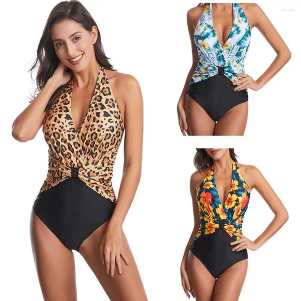 Costume da bagno femminile stampato in bikini costume da bagno sexy a v-collo aperto pancia rivestito sottile in un pezzo unico