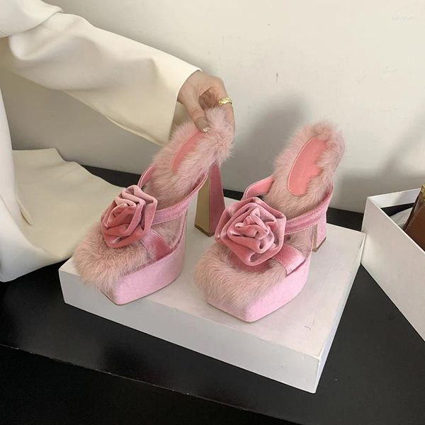 Hausschuhe Rose Haar Plattform Damen High Heels Herbst Slides Schuhe für Frauen Stiletto Rosa Wildleder Quadratische Zehen Sandalen