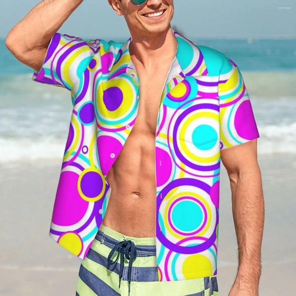 Camicie casual da uomo Camicia da spiaggia con motivo a cerchi retrò Uomo luminoso anni '60 Stampa Hawaii Manica corta Elegante camicetta oversize Idea regalo