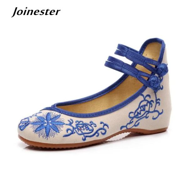 Saltos de salto chineses estilo étnico Totem floral bordado Altura Aumentar cunhas sapato Trendy Mary Jane Round Toe Sapato de bombas casuais vintage