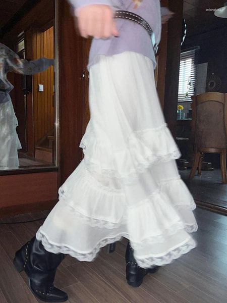 Saias Casual Womens Sólido Vestido de Baile Saia Longa Tule Cintura Alta Plissada Tutu Elegante Senhoras Laço Branco Namoro Maxi Drop