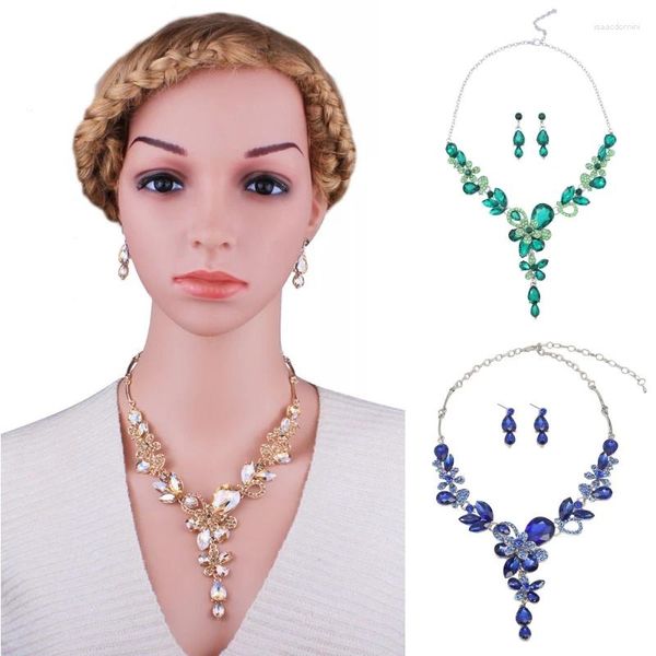 Collana orecchini set strass di lusso pendente floreale girocollo regali per spose gioielli per feste di nozze accessori moda per donne africane