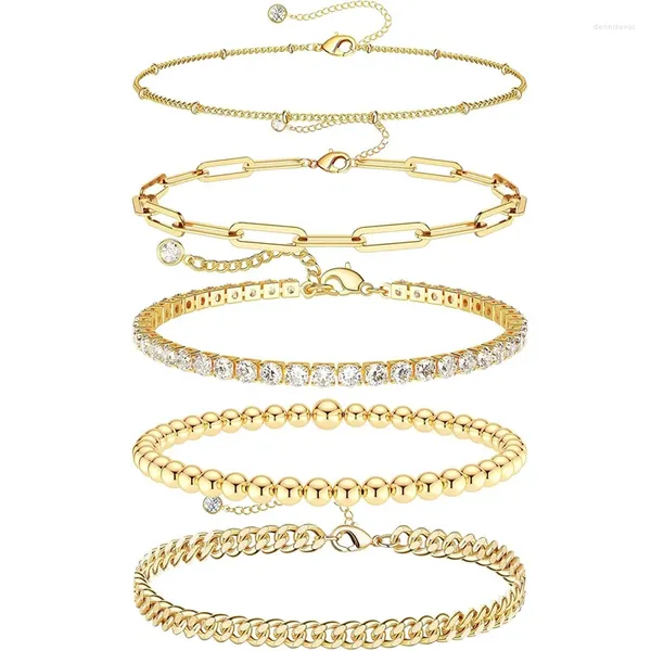 Braccialetti con ciondoli Set di titanio placcato oro reale 14K Set di braccialetti a catena con perline da tennis carini con perline cubane Confezione di braccialetti a catena per donne e ragazze