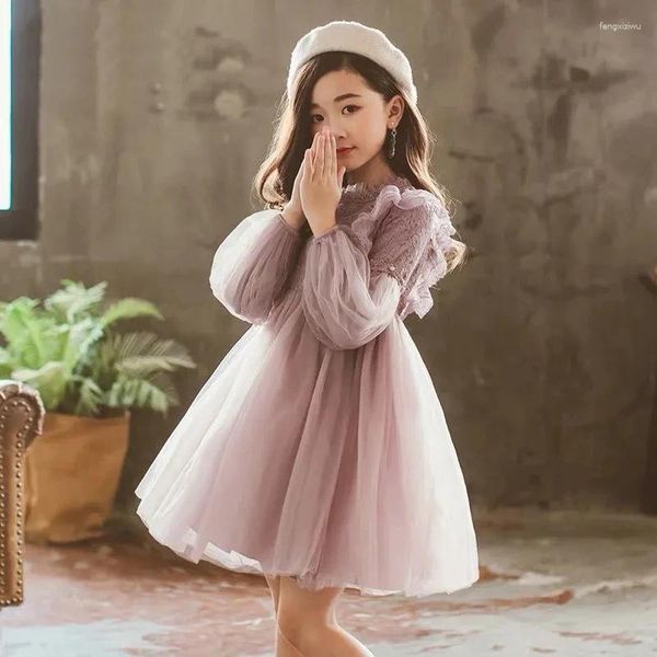 Платья для девочек, весенне-осеннее платье для девочек, кружевное сетчатое платье с рукавами-фонариками, с жемчугом, милая модная рождественская детская одежда для маленькой принцессы 3-12 лет