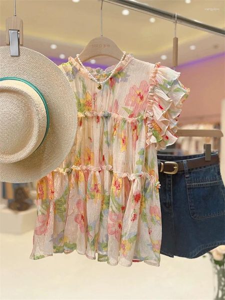 Kadınlar bluzlar Kore moda tatlı yapay ipek pilili baskılı üstler peri çift kelebek kollu çiçek gömlekleri tatil parti bluz