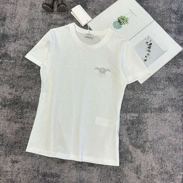 Sommer-Damen-T-Shirt, Designer-T-Shirts, Damenmode, robust, mit Schriftzug, Strasssteinen, Grafik-T-Shirt, handgefertigtes Perlen-Kurzarm-Top