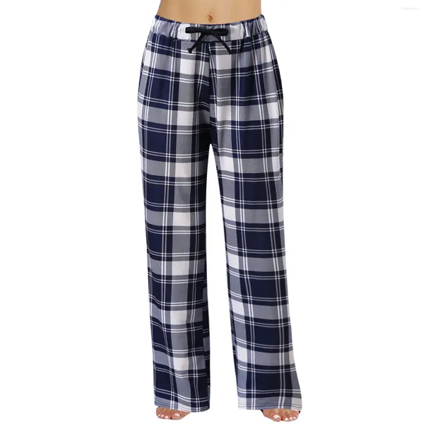 Calças femininas primavera verão xadrez pijamas feminino fora de casa em linha reta calças compridas moda cintura larga perna elástica collants