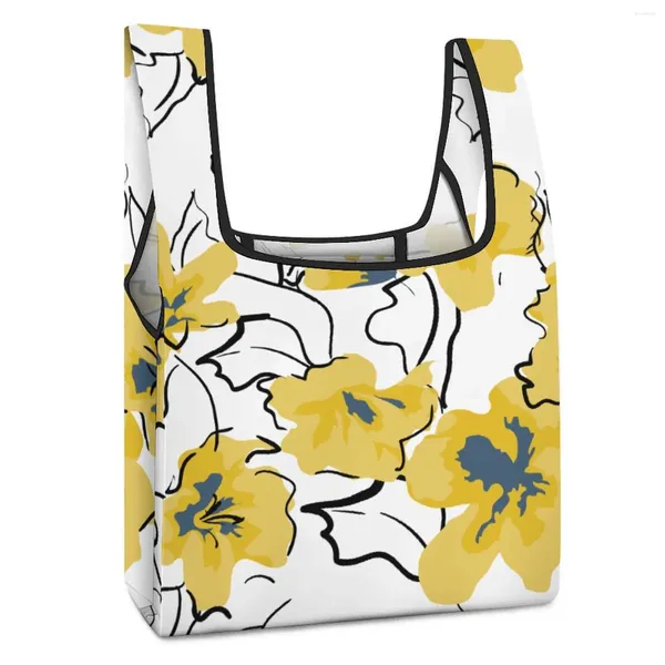 Sacos de compras padrão personalizado dobrável pequenos compradores grande saco amarelo flor viagem portátil reutilizável tote