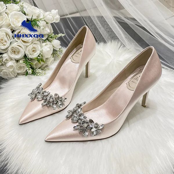 Scarpe da sposa scarpe da sposa cristallo color champagne vestito satinato scarpe da damigella d'onore scarpe con tacchi alti bianchi pompe con tacchi da donna