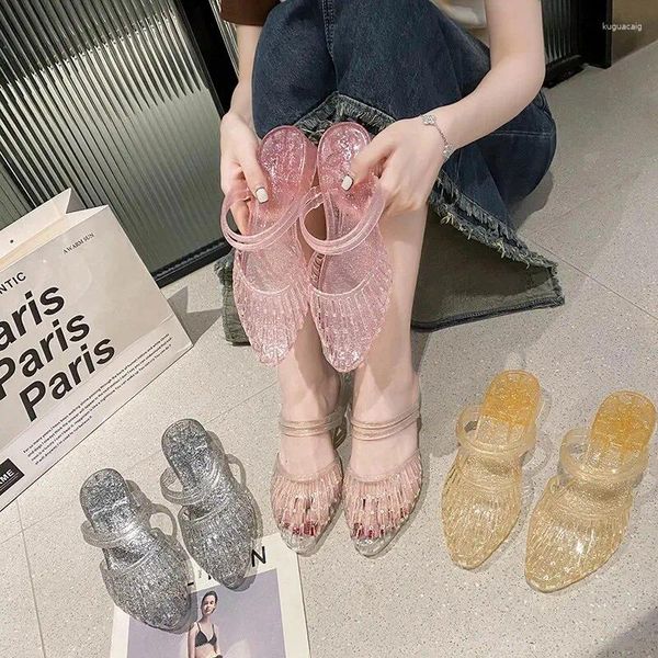 Сандалии, модные летние женские туфли без шнуровки на высоком каблуке, женская обувь из двух частей, с открытой спиной, милый стиль, материал ПВХ