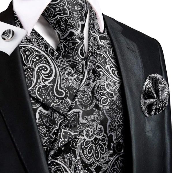 Westen HiTie Schwarz Weiß Floral Seide Herren Weste Krawatte Set Jacquard Flachkragen Weste ärmellose Jacke Krawatte Einstecktuch Manschettenknöpfe Geschenk