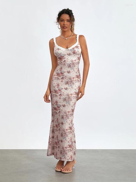 Vestidos casuais rosa vestido floral mulheres deslizamento sem mangas v-pescoço backless retalhos verão longo para coquetel