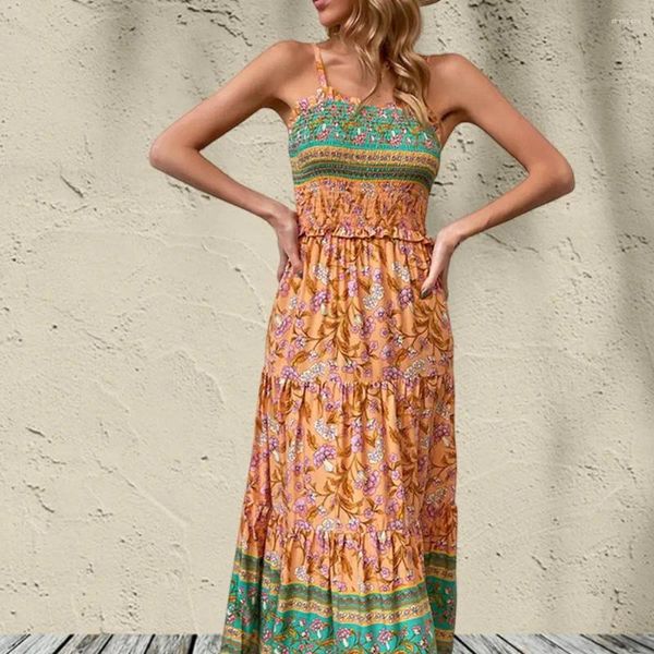 Lässige Kleider, gerafftes Kleid im Ethno-Stil, Maxi mit Patchwork-Details, für Damen, A-Linien-Saum, Urlaubs-Sommerkleid mit hoher Taille