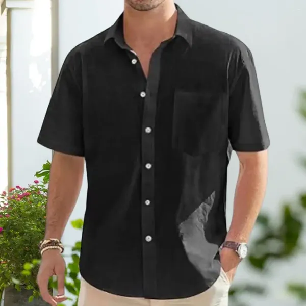 Camisas casuais masculinas camisa elegante gola de lapela verão respirável negócios topo para escritório ou praia cor sólida solto ajuste