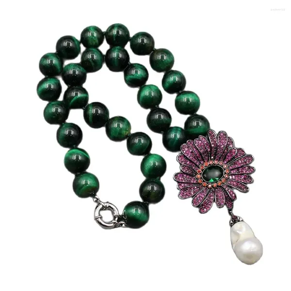 Ожерелья с подвесками, ювелирные изделия GG, 18 дюймов, 14 мм, зеленый тигровый глаз, круглое ожерелье, белый жемчуг Кеши, Cz, бронзовый позолоченный цветок для женщин