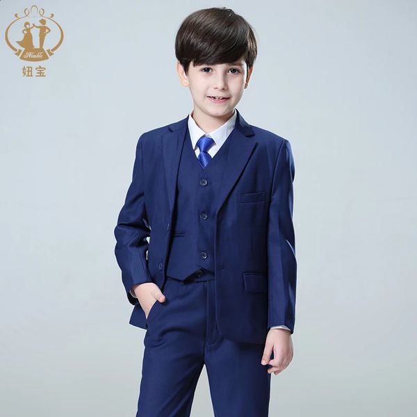 Nimble Bahar Sonbahar Resmi Boy Suit Set Çocuk Parti Ev sahibi Düğün Kostümü Toptan Giyim Kat Pantolon Yelek 3 PCS Mavi Blazer 240304