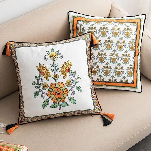 Travesseiro Retro País Laranja Capa Sofá Decoração Luz Luxo Veludo Macio Borlas Vintage Floral Home Decor