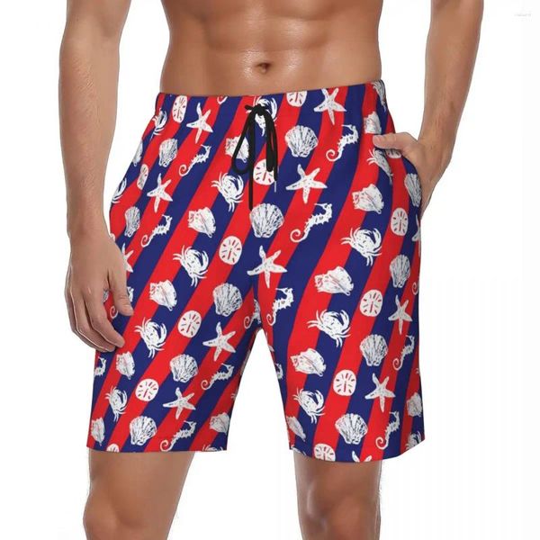 Pantaloncini da uomo estivi da palestra con stampa di stelle marine da surf, pantaloni corti da surf con motivo a righe rosse e blu, costume da bagno Hawaii ad asciugatura rapida di grandi dimensioni