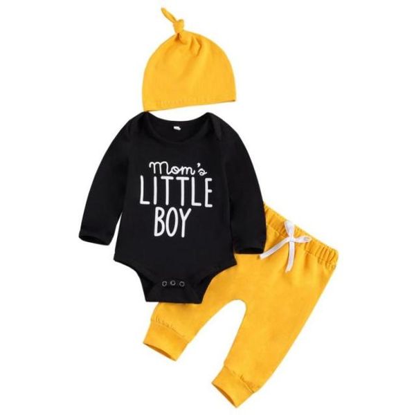 Conjuntos de roupas 2021 018m Casual Infantil Bebê Menino Mama Carta Imprimir Manga Longa Romper TopYellow Sólido PantsHat Autumn Outfits1743205