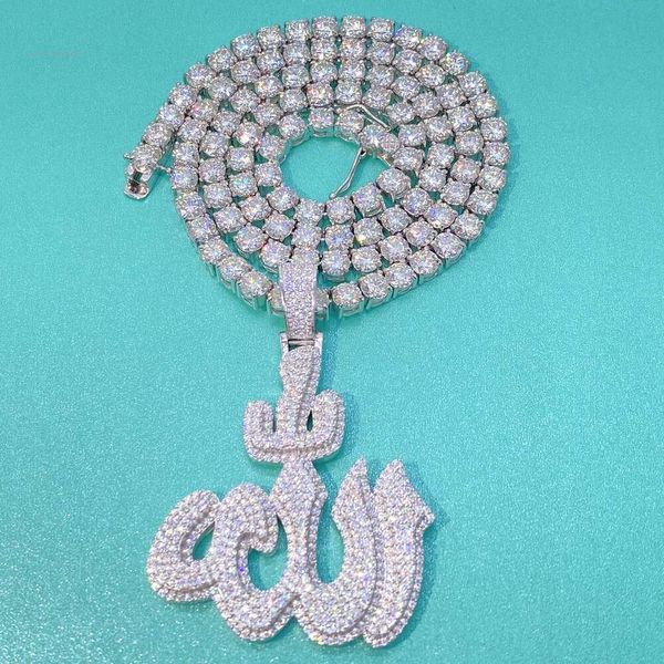 Ciondolo con ciondolo Allah musulmano religioso 3D in argento sterling personalizzato con diamante Moissanite FL ghiacciato