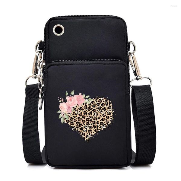 Saco leopardo amor coração flor mulheres sacos de telefone móvel mini feminino mensageiro bolsa senhora carteira pequeno ombro crossbody