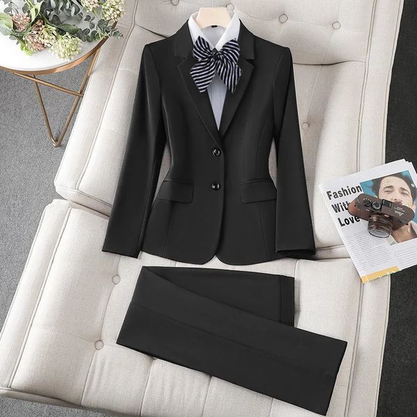 Terno de negócios preto azul marinho notch colar blazer lápis calças formal pantsuit para roupas femininas profissionais 240305