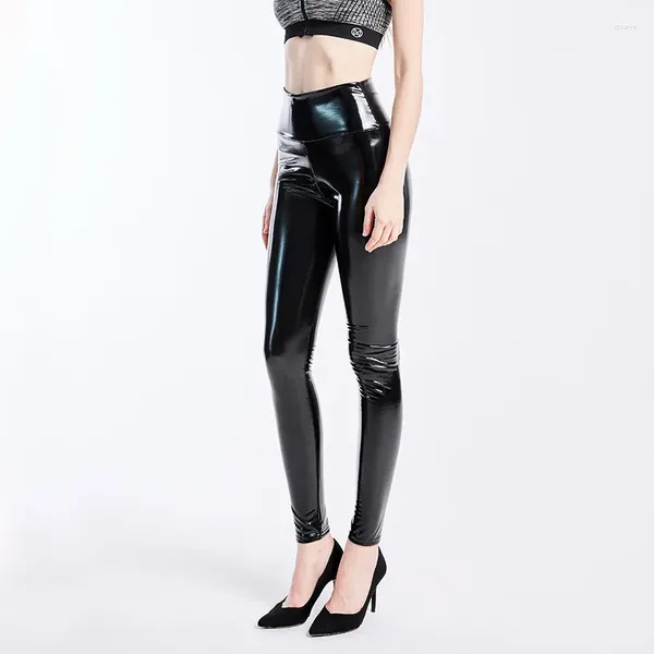 Bühnenkleidung für Damen, glänzend, Kunstleder, eng, sexy, metallische Hosen, Legging, hohe Taille, Wet-Look-Hose, Glitzer, dünn, schwarz, Streetwear