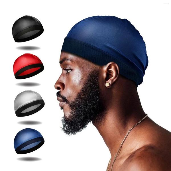 Berets unissex sedoso cúpula boné para homens elástico banda durag bandanas inferior peruca spandex refrigeração seda baseada beanie bonnet