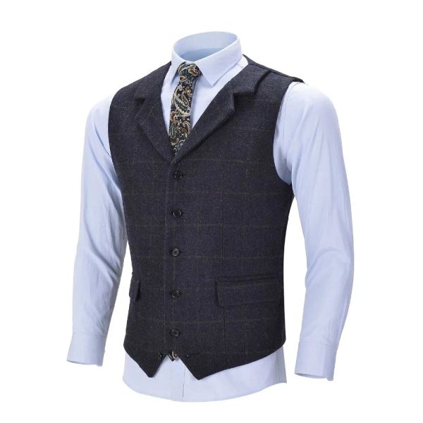 Coletes 2022 novo colete xadrez masculino azul marinho lã tweed terno colete formal notch lapela colete padrinhos customizáveis ​​para casamento