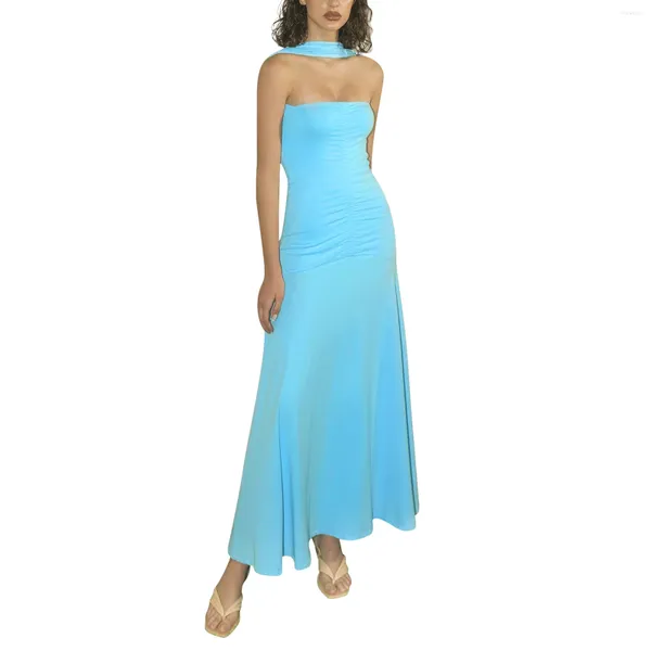 Повседневные платья женские с висячим вырезом длинное без рукавов с открытыми плечами однотонное праздничное летнее плиссированное платье