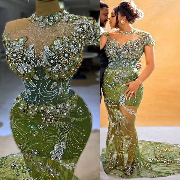 2024 Aso Ebi Verde Sirena Abito da ballo Cristalli Paillettes Pizzo Serata formale Festa Secondo ricevimento 50esimo compleanno Abiti di fidanzamento Abiti Robe De Soiree ZJ176