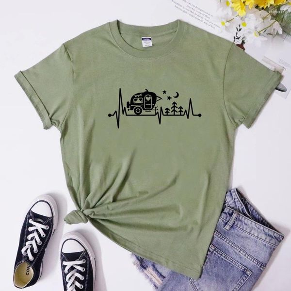 Damen-T-Shirts, Camping-Herzschlag-T-Shirt, süßes Damen-Grafik-T-Shirt im Freien, Sommer-Kurzarm, glückliches Camper-Geschenk-T-Shirt