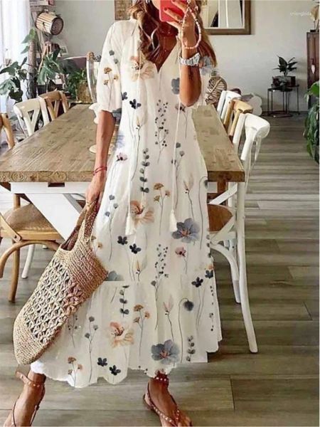 Abiti casual Donna Abito bohemien con stampa vintage 2024 Moda estiva scollo a V mezze maniche lunghe vacanze da spiaggia femminili