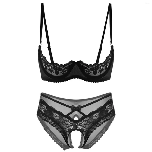 Set di reggiseni Set di lingerie sexy da donna Set di mutande trasparenti con spalline in rete e reggiseno senza coppe Top da notte Rave Party Clubwear