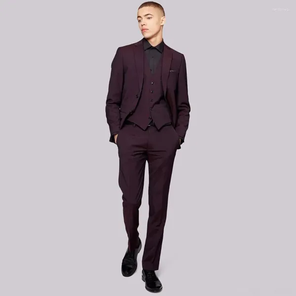 Ternos masculinos roxo escuro notch lapela traje homme masculino fino ajuste blazer smoking noivo casamento terno masculino 3 pçs jaqueta calça colete