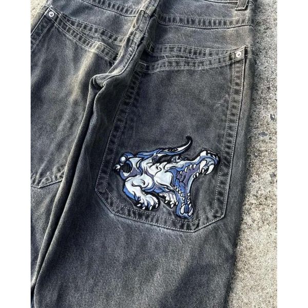 Мужские джинсы Уличная одежда JNCO Y2k Хип-хоп Мультфильм Графический принт Винтаж Мешковатые черные брюки Мужчины Женщины Широкие брюки с высокой талией Winter01 589