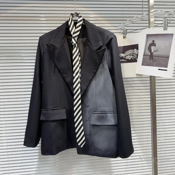 Ternos femininos 2024 primavera blazer com gravata de sarja preto e branco feminino gradiente impressão acolchoado ombro solto terno jaqueta casaco