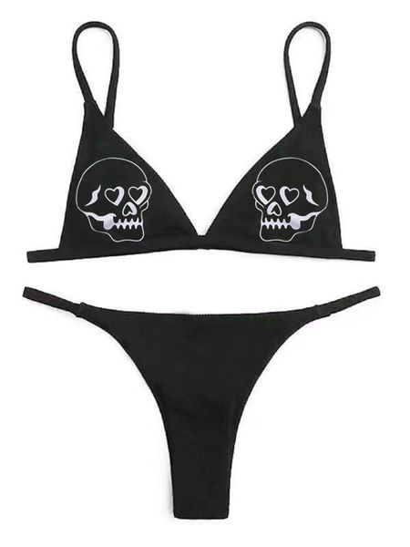 Costume da bagno bikini da donna sexy Costume da bagno bikini da spiaggia GG Nero Bianco Sexy Goth Emo Donna Costume da bagno in due pezzi con stampa teschio Costume da bagno diviso a vita alta Costume da bagno gotico da spiaggia