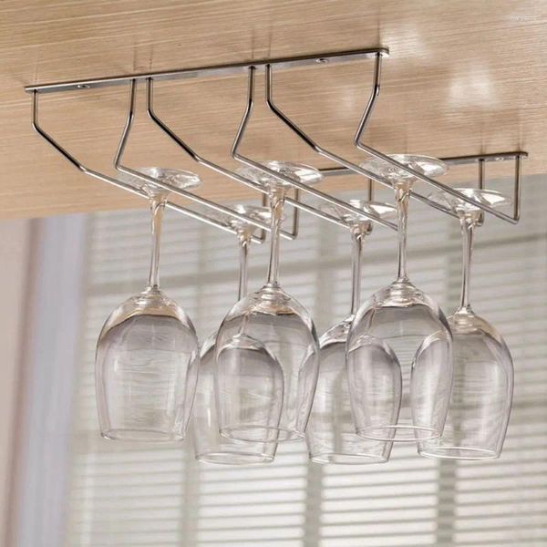 Rack de vidro alto de ferro prateado para armazenamento de cozinha, fileira dupla, tamanho múltiplo, suporte para taça de vinho único