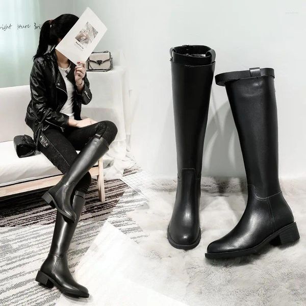 Botas de couro banda joelho alto mulheres saltos grossos microfibra equitação longo design cavaleiro botas mujer invierno ns72