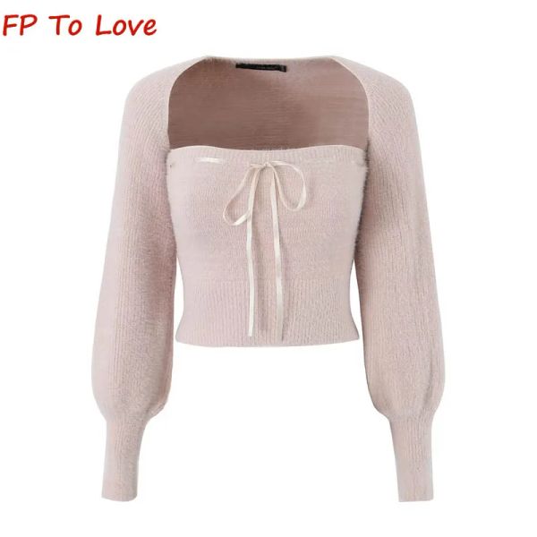 Cardigans 2023 Autumn Soft Pink Lantern Sleeve Jersey Shawl White TwoPiece Set Black Lady Lady Up Smocked Top Top Top Cardigan