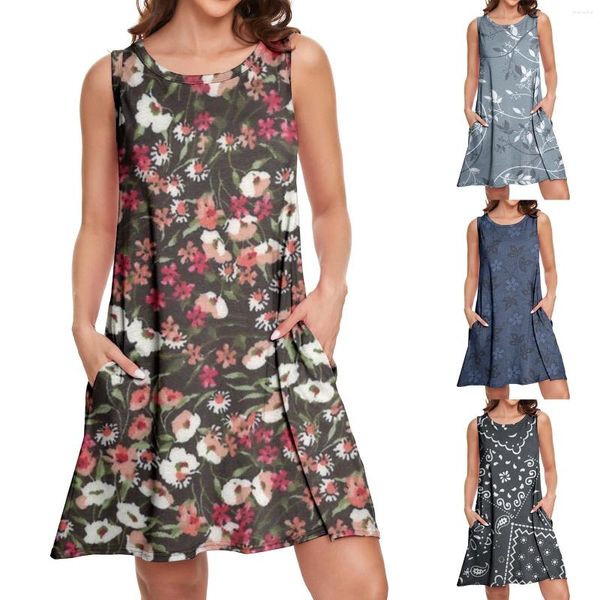 Vestidos casuais para mulheres 2024 Elegant Beach Floral Tshirt Sundress bolsões sem mangas vestidos de tanque solto Mulher verão vestidos