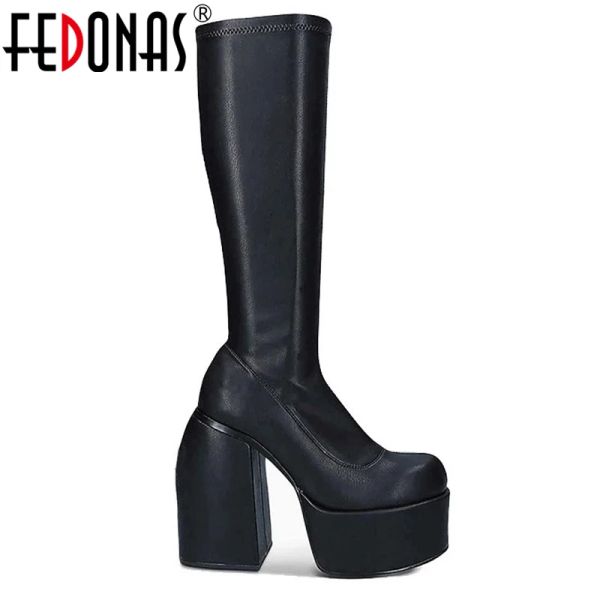 Botas Fedonas Brand Top Qulaity Punk Women Heels High Boots Knee Boots 2022 Ins zíper Microfiber Sexy Club Festas Botas Botas