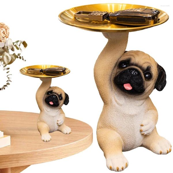 Estatuetas decorativas escultura animal bandeja de armazenamento resina artesanato modelo cão segurando pug doces lanche placa sala estar corredor decoração para casa
