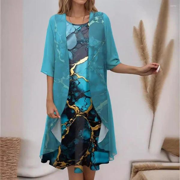 Partykleider Damen Bedrucktes Kleid Blumendruck Damenmantel-Set mit unregelmäßigem Saum Weicher Chiffon-Stoff Knielang Midi für Stilvoll